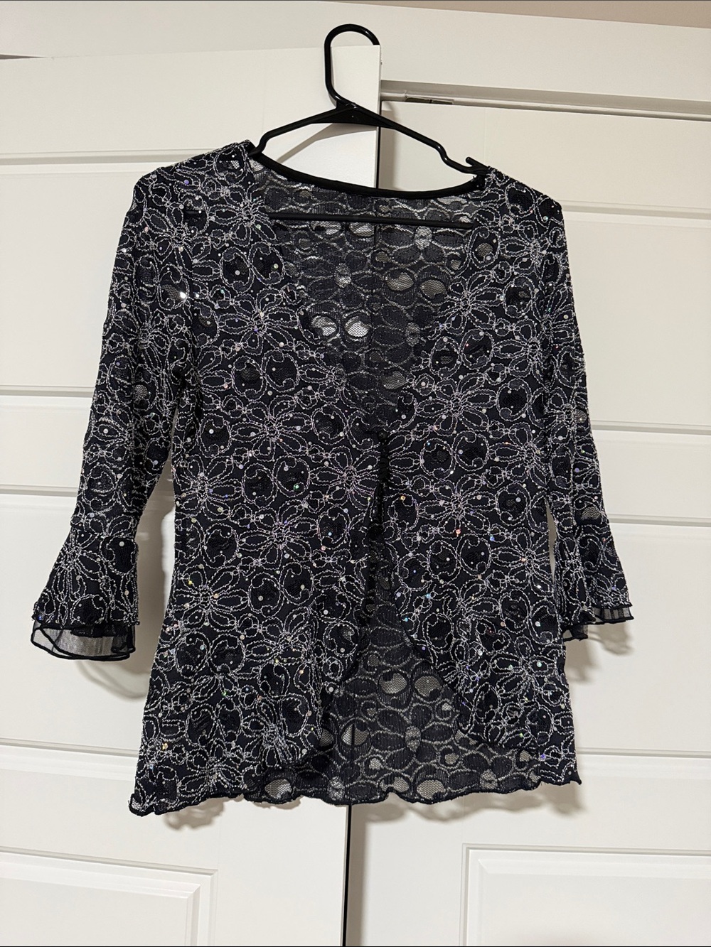 Vintage Black Lace Sequin Open-Front Tunic Cardigan